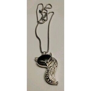 (B) Fox Head & Tail Silver Tone & Black Necklace 22"